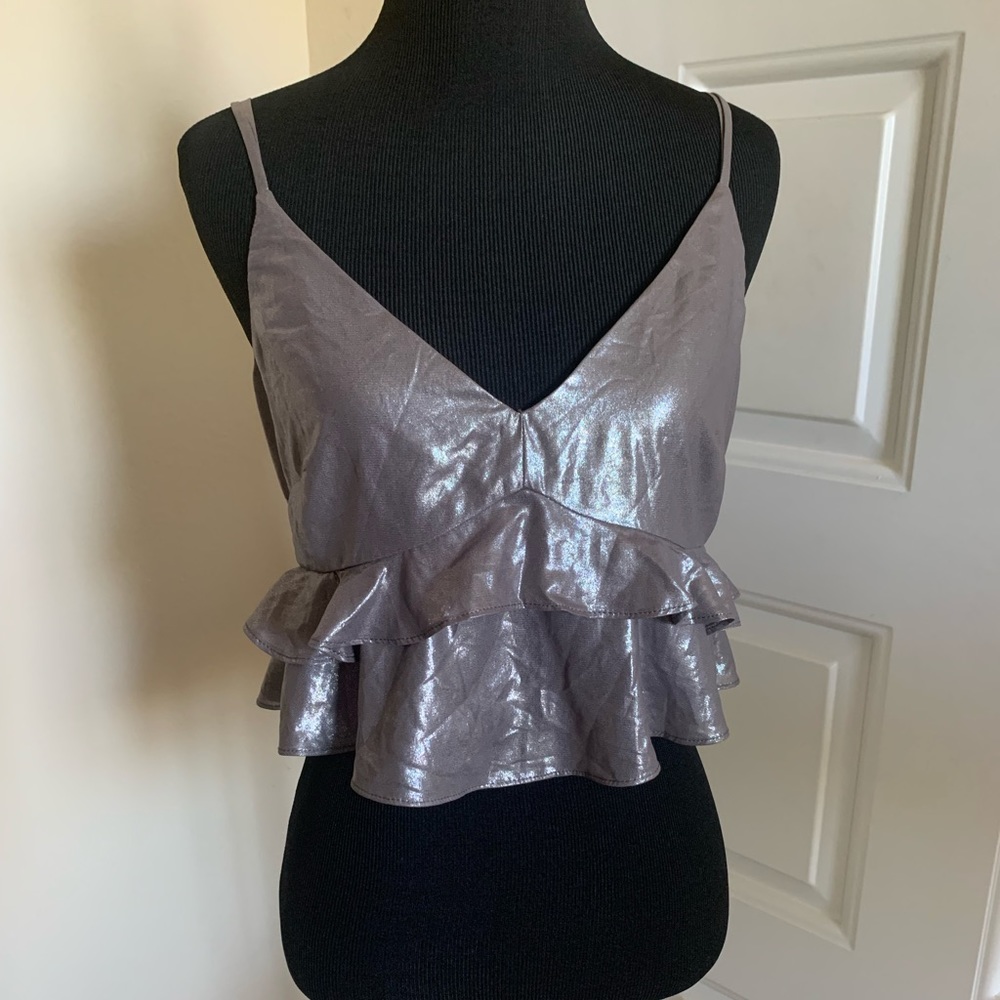 Topshop Gray Metallic Gunmetal Ruffle Crop Top NEW Size 6